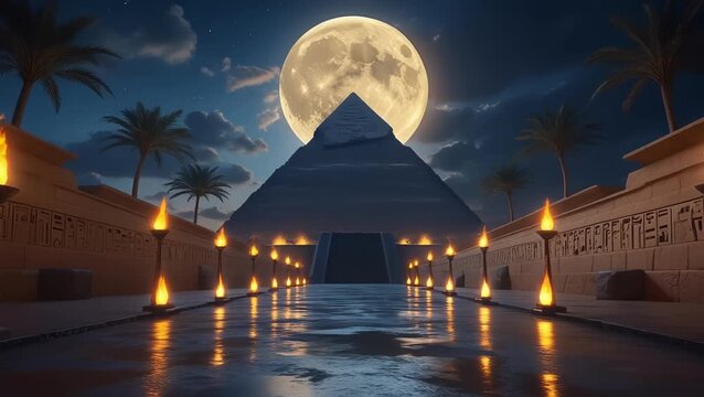 Illuminated pyramid at night under a full moon, with torches lining a reflective pathway, evoking ancient Egypt.