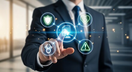 Businessman touching digital interface with icons representing insurance and safety