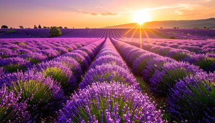 Naklejka premium Lavender field at sunset