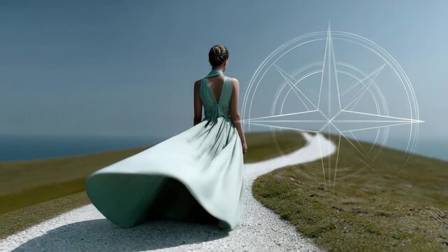 Woman walking path with compass rose graphic overlay, compass rose. This compass rose directs figure along the path toward future destinations, horizon and vast expanse of sky.