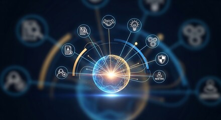 Abstract digital network connecting global business functions with modern technology