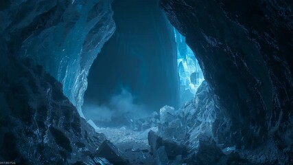 Mist swirling, light filtering ice cracks in cave with angular formations and frost covered floor - Powered by Adobe