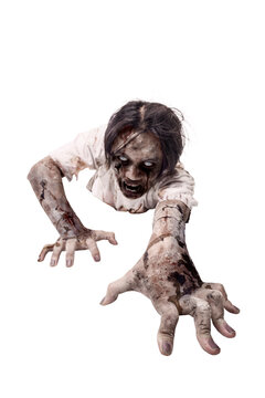 Fototapeta Portrait of a scary male zombie with a wound and blood on the body isolated over a white background. Spooky expression. Concept of Halloween or Horror