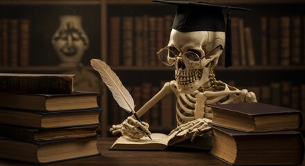 Skeleton student in cap writing notes with quill