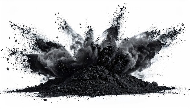 Dark powder explosion on white background