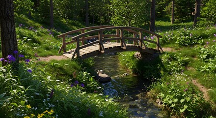 Wooden bridge over a calm river in a summer park landscape
