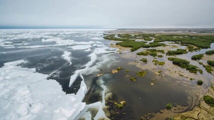 Sweeping drone capturing meltwater channels carving ice shelf edge at Arctic marsh, floating floes - Powered by Adobe