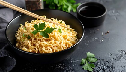 Bowl of instant noodles with parsley