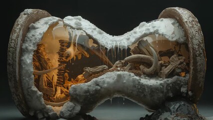 Warming amber glow thawing frost and revealing organic coils inside hourglass on grey tabletop - Powered by Adobe