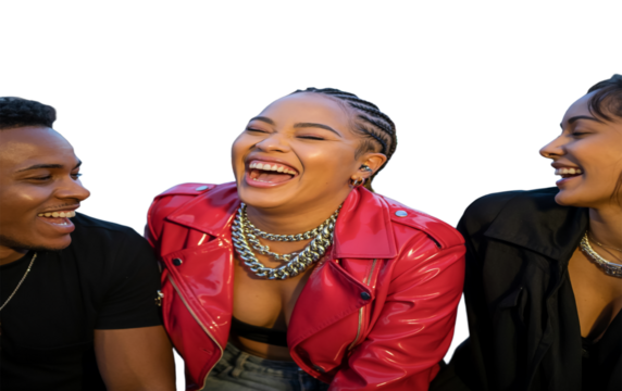 A nighttime cityscape photograph of three people laughing together on an elevated rooftop, capturing friendship and urban lifestyle. isolated on a transparent background 