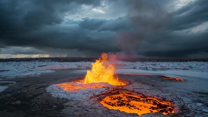Opening frame showing geothermal vent spouting orange flame on frozen riverbed, melting ice rim - Powered by Adobe