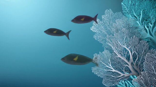 Underwater scene with fish swimming near coral reef in ocean waters