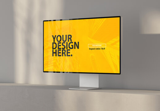 Monitor Screen Mockup on concrete rectangle in room with shadows