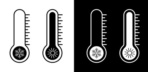 Abstract thermometer measure indicator set vector design in black and white color. Creative weather meteorology icon illustration. 