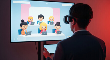 Man participating in avatar meeting with VR headset, business and remote work in metaverse
