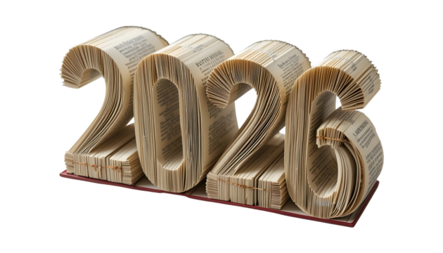 2026 New Year Book Art PNG Transparent Background Folded Pages Sculpture Forming Digits in Open Hardcover