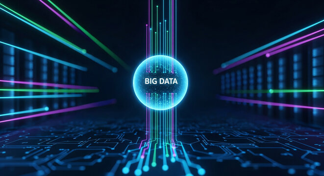 A sphere with the words "BIG DATA" in the center of a data center, representing information processing and technology