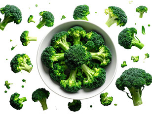 Fresh broccoli florets in a white bowl, scattered around