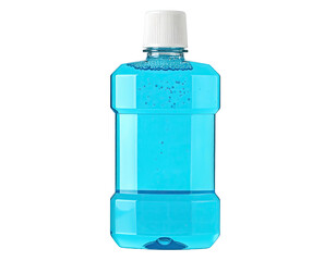 Light-blue mouthwash bottle with white cap