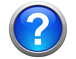 A glossy, blue button with a white question mark.  Metallic silver ring