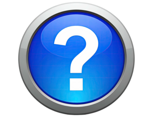 A glossy, blue button with a white question mark.  Metallic silver ring