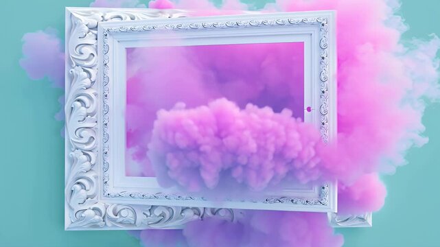 Conceptual visualization of thick magenta smoke billowing from an ornate white picture frame