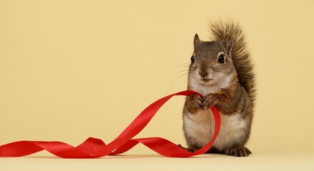 Squirrel with red ribbon on beige background