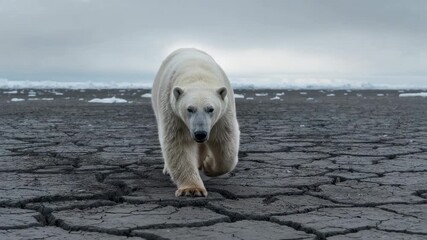 Investigating camera presence, polar bear moving across Arctic plain amid mud and sea ice floes - Powered by Adobe