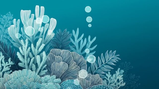 Underwater illustration of coral reef with blue and white colors
