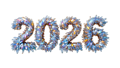 2026 New Year Iridescent Numbers PNG Transparent Background Leaf-Like Metallic Elements in Swirling Gradient Design
