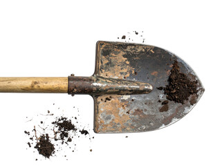 Rusty shovel with soil clinging to blade