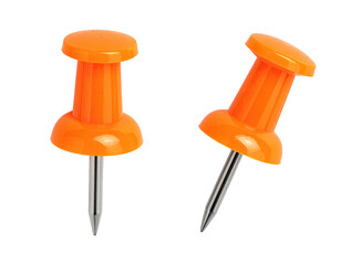 Two bright orange push pins, metallic points, isolated