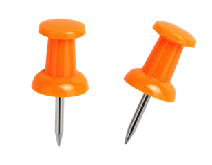 Two bright orange push pins, metallic points, isolated