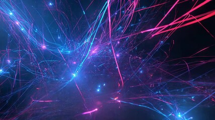 Cyan magenta filaments emerging from diffusing cluster and pulsing in void, with glowing nodes - Powered by Adobe