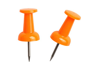 Two bright orange push pins, slightly angled