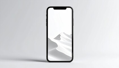 Sleek Black Smartphone Displaying Abstract White Sand Dunes on Screen Isolated Against a Plain Gray Backdrop Minimalist Technology