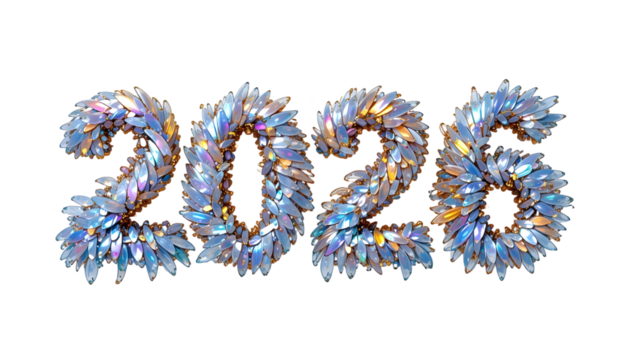 2026 New Year Iridescent Numbers PNG Transparent Background Leaf-Like Metallic Elements in Swirling Gradient Design