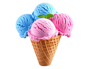 Three scoops of pastel pink and blue ice cream in a waffle cone, topped with a mint leaf