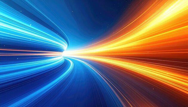Abstract swirling tunnel, vibrant blue and orange light streaks - Powered by Adobe