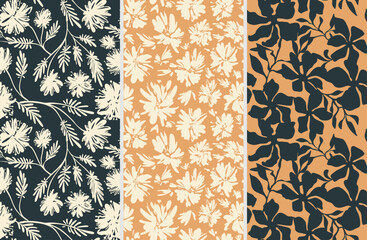 A set of seasonal seamless floral patterns in trendy colors, ink, linear vector, concise, contrasting, handmade ink drawings for fabric design, decor, postcards, flowers on light and dark backgrounds