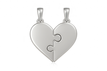 Two silver heart puzzle pendants isolated on transparent background, jewelry