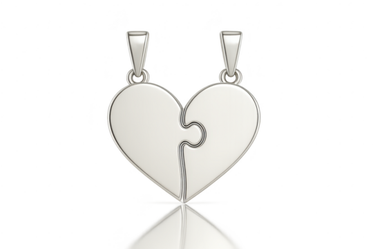 Silver heart puzzle pendants, isolated on a transparent background, love gift