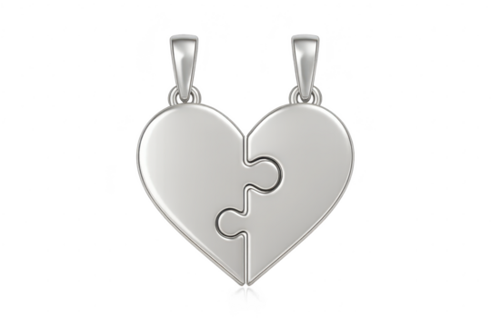 Two silver heart puzzle pendants isolated on transparent background, jewelry