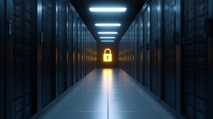 Server Rows in Long Hallway Expansive corridor showcasing numerous racks of data processing units illustrating modern computing infrastructure.