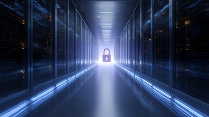 Hallway Lined with Server Racks Expansive corridor showcasing numerous high capacity computational units arranged in parallel rows.