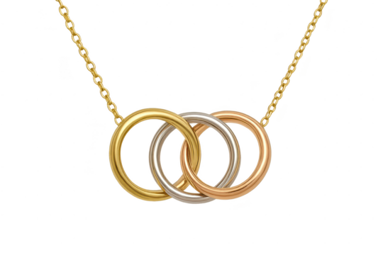 Elegant tri-color interlocking rings pendant necklace isolated on transparent background - Powered by Adobe
