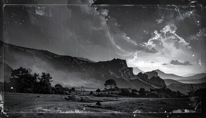 Grainy monochrome landscape, mountains, clouds