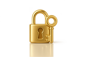 Golden key and lock isolated on transparent background, security concept