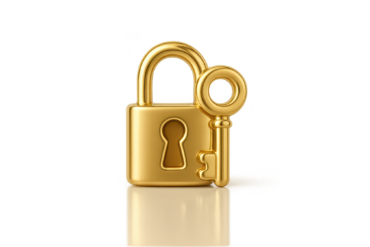 Golden key and lock isolated on transparent background, security concept