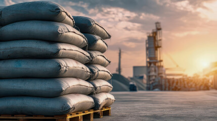Sacks of construction materials stacked on wooden pallet at sunset